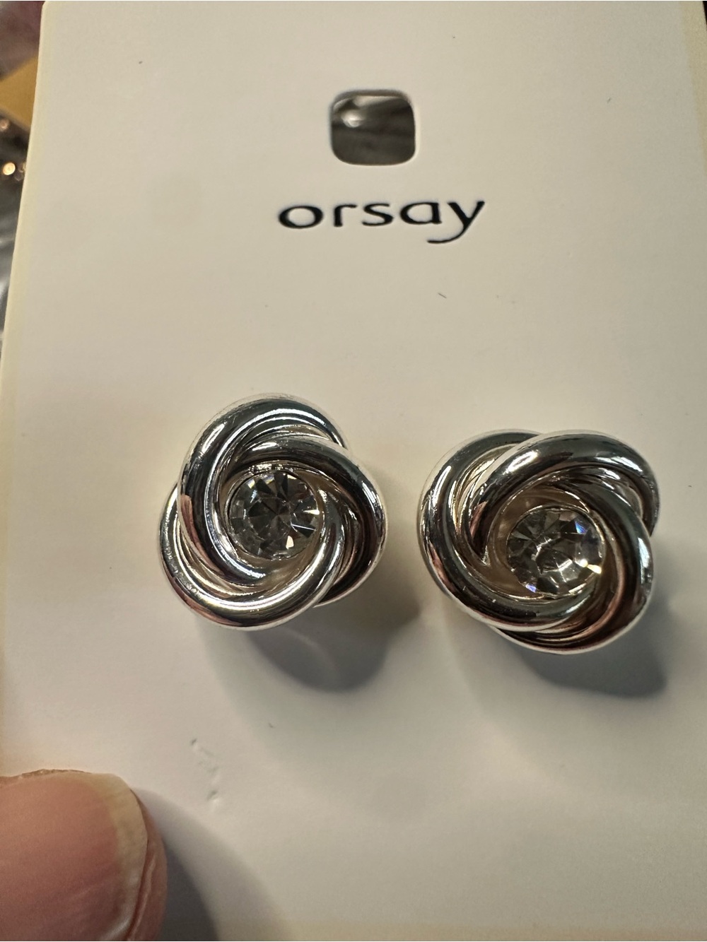 Orsay Silver-Tone Knot Stud Earrings with Clear Crystal Center